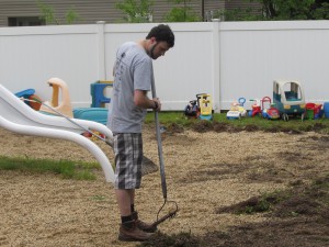 James Baker from Avery Dennison headed outside once the rain stopped and started working on ridding the playground of weeds and clover (and the resulting bees) as part of United Way Day of Caring.